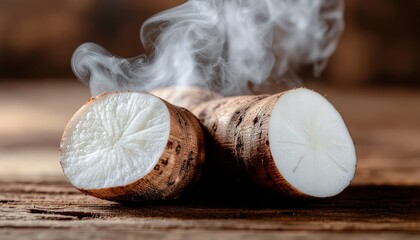 Steaming hot cassava root on a wooden table offering a delightful culinary experience with fresh