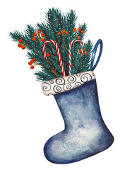 Hand drawn Christmas blue sock with fir branches, candy canes, and red berries. Watercolor illustration.