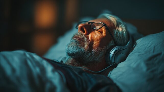 Senior man resting in bed while listening to calming music through headphones in a dimly lit bedroom during nighttime