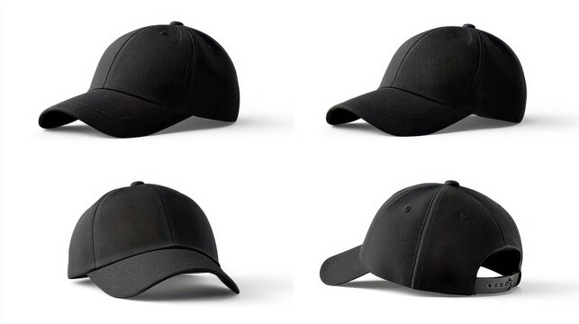 Black baseball cap displayed from four angles showcasing its design and features from various perspectives and highlighting its versatility for casual wear
