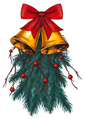 Hand drawn golden bells with a red bow, spruce branches. Christmas decor. Watercolor illustration.