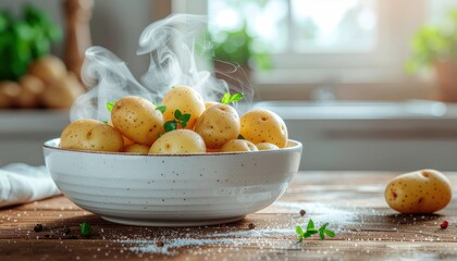 Steaming hot new potatoes in a bowl with fresh herbs, presented on rustic wooden table with