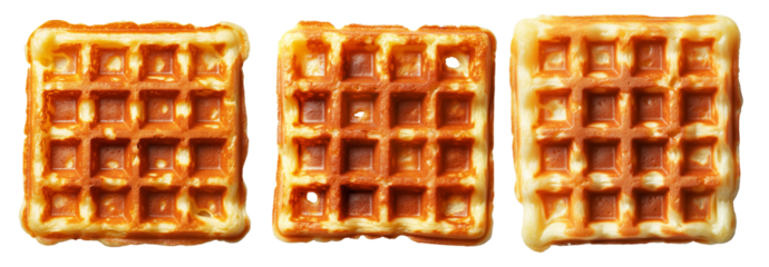 Square golden waffle with crispy edges and soft center isolated on white background. Concept of breakfast or snack food