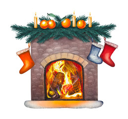 Hand drawn burning fireplace with spruce branches, tangerines. Watercolor illustration.
