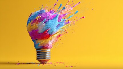 Vibrant explosion of colors from a light bulb against a bright yellow background creates a stunning visual effect