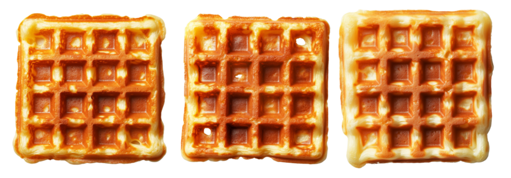 Square golden waffle with crispy edges and soft center isolated on white background. Concept of breakfast or snack food