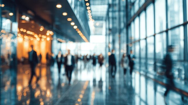 Crowd of business professionals walking through modern corporate office space in a bustling city during working hours