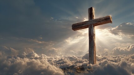 Cross symbol representing death and resurrection surrounded by clouds and light in a spiritual setting
