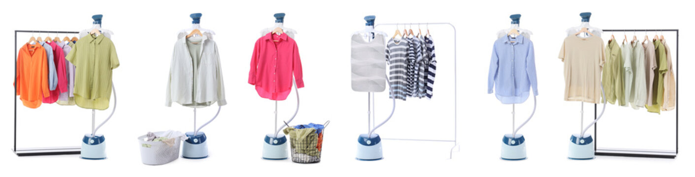Set of steamers with clean clothes on white background