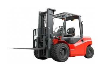 Red industrial forklift truck on transparent background