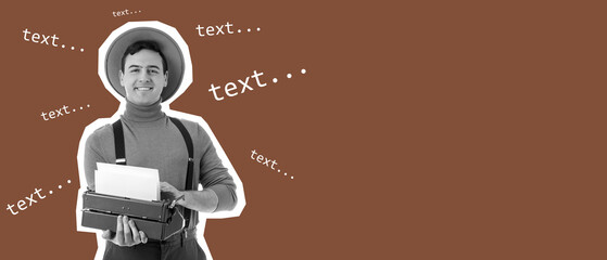 Young man with vintage typewriter on white background