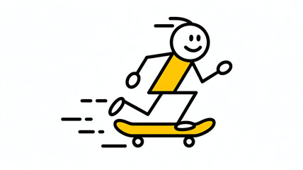 Naklejka premium Simple stick figure character happily riding a skateboard, isolated on white background