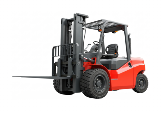 Red industrial forklift truck on transparent background