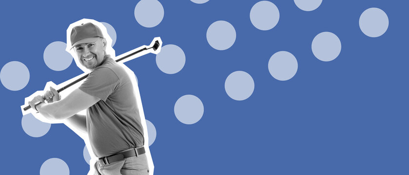 Mature man playing golf on white background
