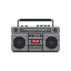 Classic Retro Grey Boombox Pixel Art Icon with Speakers, Cassette Player, and Radio, Representing 80s/90s Culture, Music, and Nostalgia in a Digital Graphic
