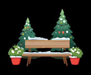Inviting winter setting illustration with a wooden bench, potted evergreen Plants, and two decorated Christmas trees for holiday greeting designs © color