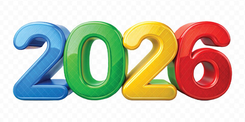 realistic 3d colorful three dimensional 2026 typography Isolated on a transparent background
