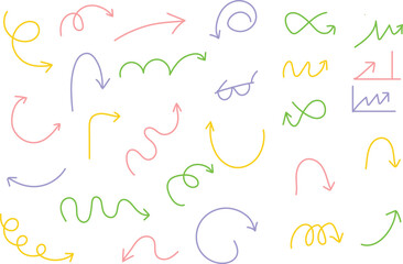 Contains hand drawn doodle arrows different shapes colors transparent background. Use this design element for creative projects and decorations illustrations