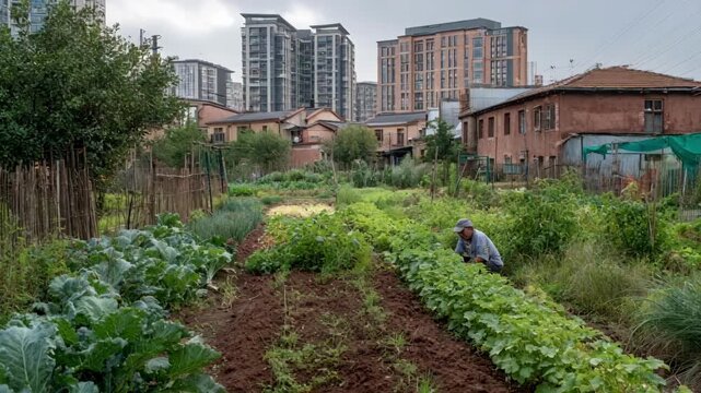 Medium shot capturing a periurban plot where multiple crop types thrive amid surrounding residential buildings with a farmer harvesting fresh produce