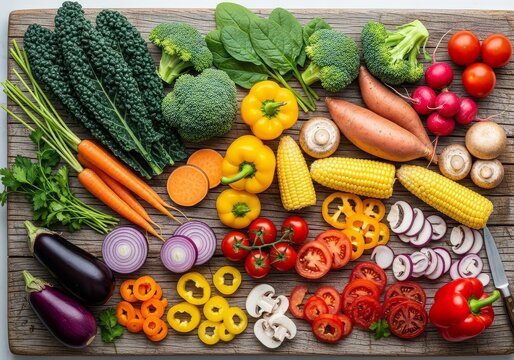 Assortment of fresh vegetables including kale carrots and bell peppers arranged on a wooden surface - Powered by Adobe