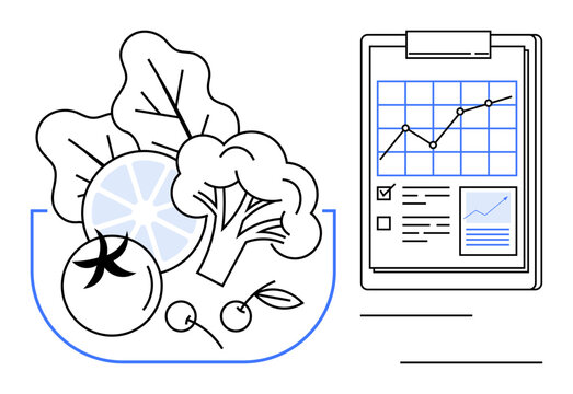 Fresh vegetables, fruits in a bowl beside a chart with graphs and data insights. Ideal for nutrition, health, diet plan, research, wellness, data analysis sustainable living. Simple flat metaphor