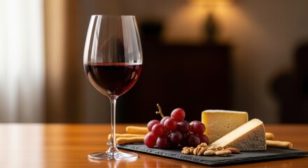 Elegant red wine and cheese pairing with grapes and nuts