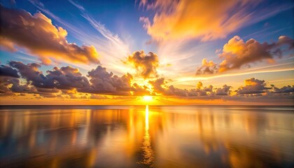 Obraz premium Vibrant Tropical Ocean Sunset with Golden Sun Rays Breaking Through Dramatic Clouds Reflecting on Calm Water Surface