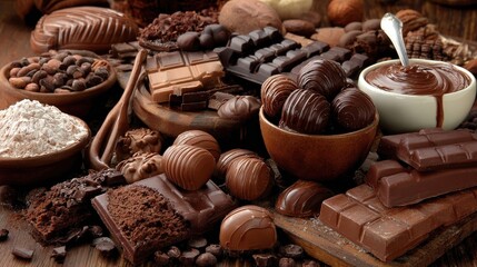 Assortment of various cocoa products and confections displayed on a wooden surface