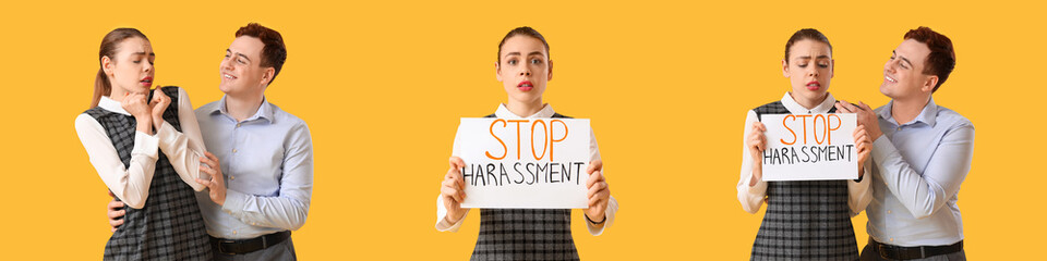 Set of businessman molesting his female colleague on yellow background. Harassment concept