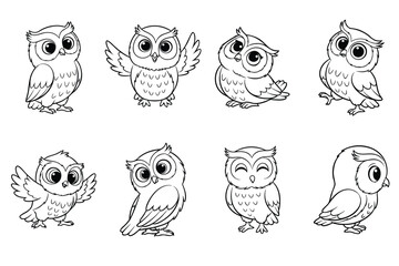 8 Cute Cartoon Owls Line Art Collection for Kids Activities