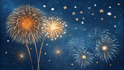 Vibrant pyrotechnics explosion light up the blue night sky during a New Year celebration and holiday festival