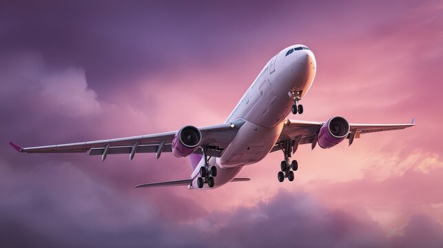 Large passenger aircraft ascends into a vividly colored twilight sky with dramatic clouds