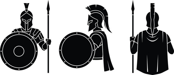 Ancient warrior silhouette set, Greek and Roman style, spear and shield poses, black vector illustration, historical armor, minimal layout, battle concept