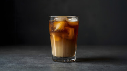 Iced Coffee With Milk And Ice Cubes In Glass On Dark Background Refreshing Cold Drink For Summer Time Enjoyment Coffee Shop Beverage With Copy Space