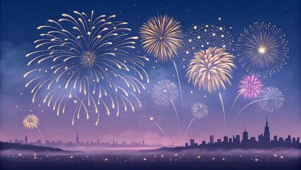 A dazzling celebration of pyrotechnics illuminating the night sky over the city