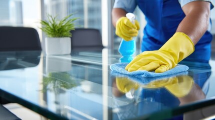 Office cleaning staff sanitizing a conference table in a modern office during the day to ensure a clean and safe workspace for employees and visitors