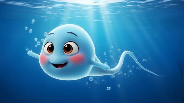 Happy cartoon sperm cell swimming underwater