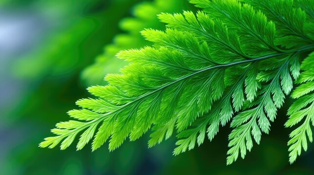 Close up of bright green fern fronds with delicate feathery leaves detailed texture in soft diffused sunlight creating a natural fractal pattern with a shallow depth of field and bokeh background