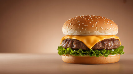 A close-up of a cheeseburger with a sesame seed bun, melted cheese, beef patty, and lettuce on a neutral background