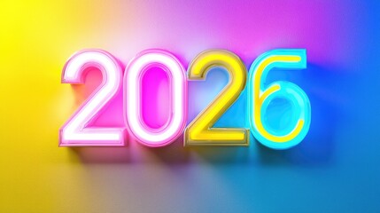 Bright and Colorful Neon Sign Displaying the Year 2026 with a Gradient Background for Celebration and New Year Concepts