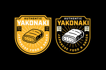 Yakonaki japanese snack retro badge logo design set for restaurant. Egg filled roll vintage emblem element pack for culinary. Asian street food grilled rustic patch graphic design for cafes