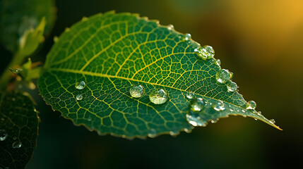 Nature's Detail: Close-up of Leaf with Water Beads