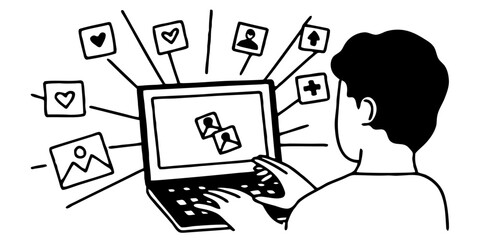 Influencer Working on Laptop with Glowing Social Media Icons — Digital Marketing Concept