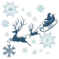 Blue silhouette of Santa’s sleigh and reindeer with snowflakes winter Christmas illustration