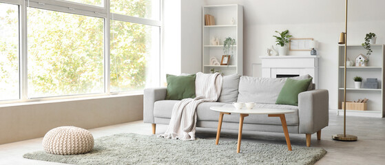 Fototapeta premium Interior of stylish living room with grey sofa, shelf units and plants