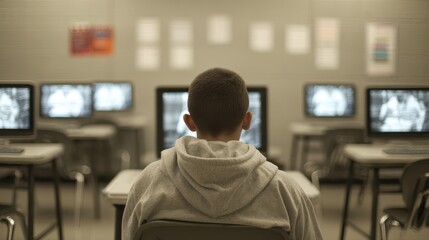 Boy studies at school in a classroom filled with computers during a quiet afternoon session