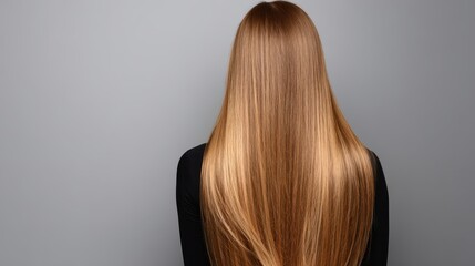 Long straight honey blonde hair flowing smoothly down the back in a simple and elegant style against a plain background