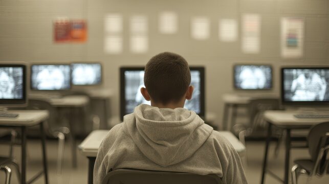 Boy studies at school in a classroom filled with computers during a quiet afternoon session