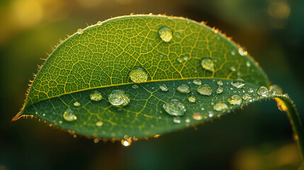 Macro Shot of Green Leaf with Dew Drops and Intricate Veins