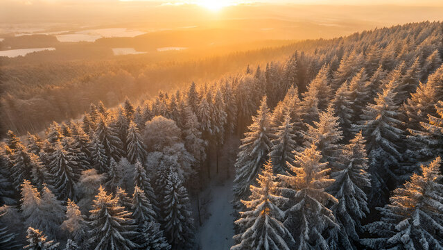 Sunrise view of a snowy winter mountain landscape with frosty fir trees and a cold, foggy sky